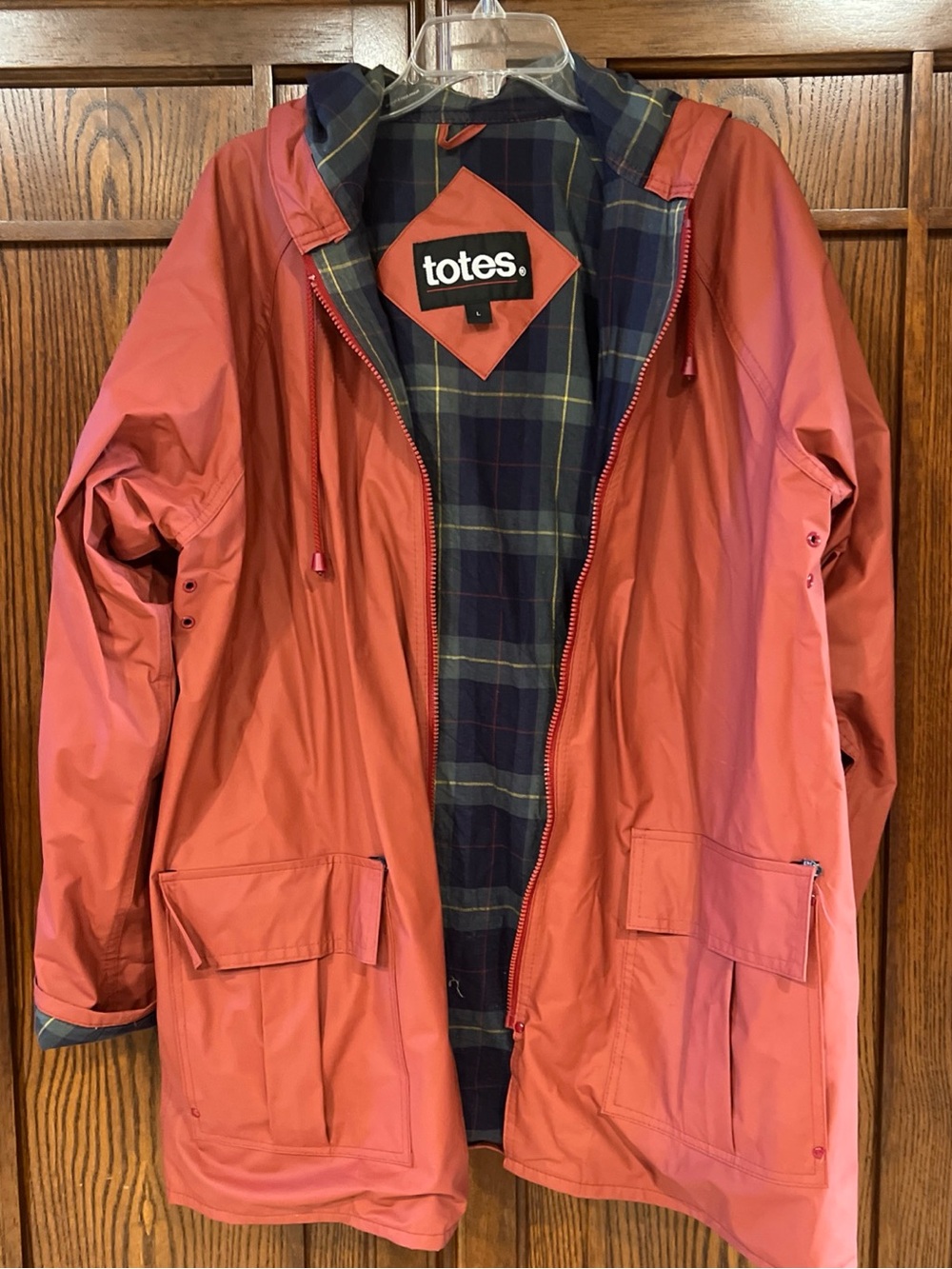 VNTG Totes Rain Jacket Womens Large Pink Coral Plaid Flannel Lined Hooded PVC